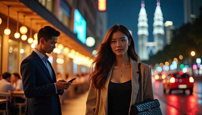 Woman in business attire walks on city street at night with skyscrapers in background.