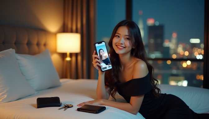 Woman in hotel room smiling at phone displaying her selfie