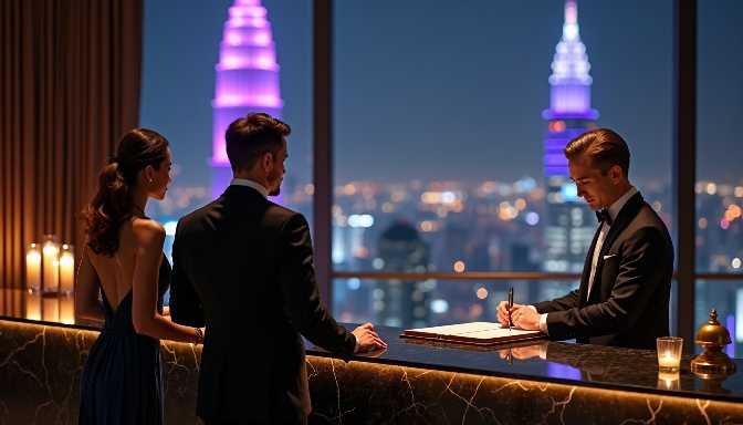 Couple signing a document at a hotel reception with city view