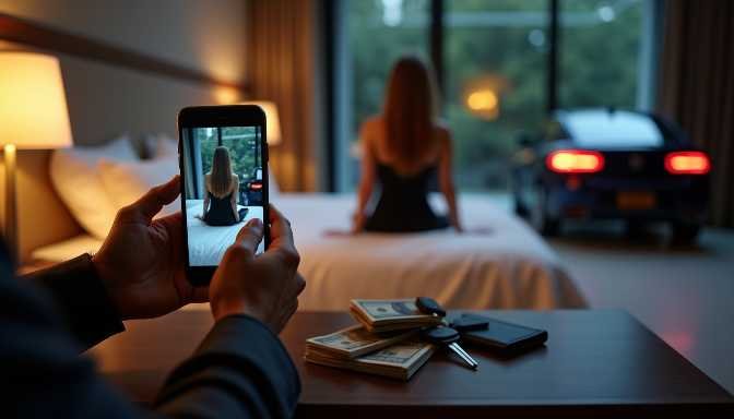 Man photographs woman in hotel room with car outside, money and keys on table.