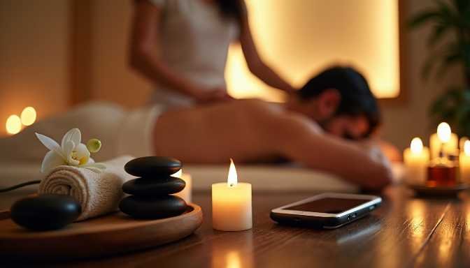 Relaxing massage with candles, hot stones, and a phone on a wooden table.